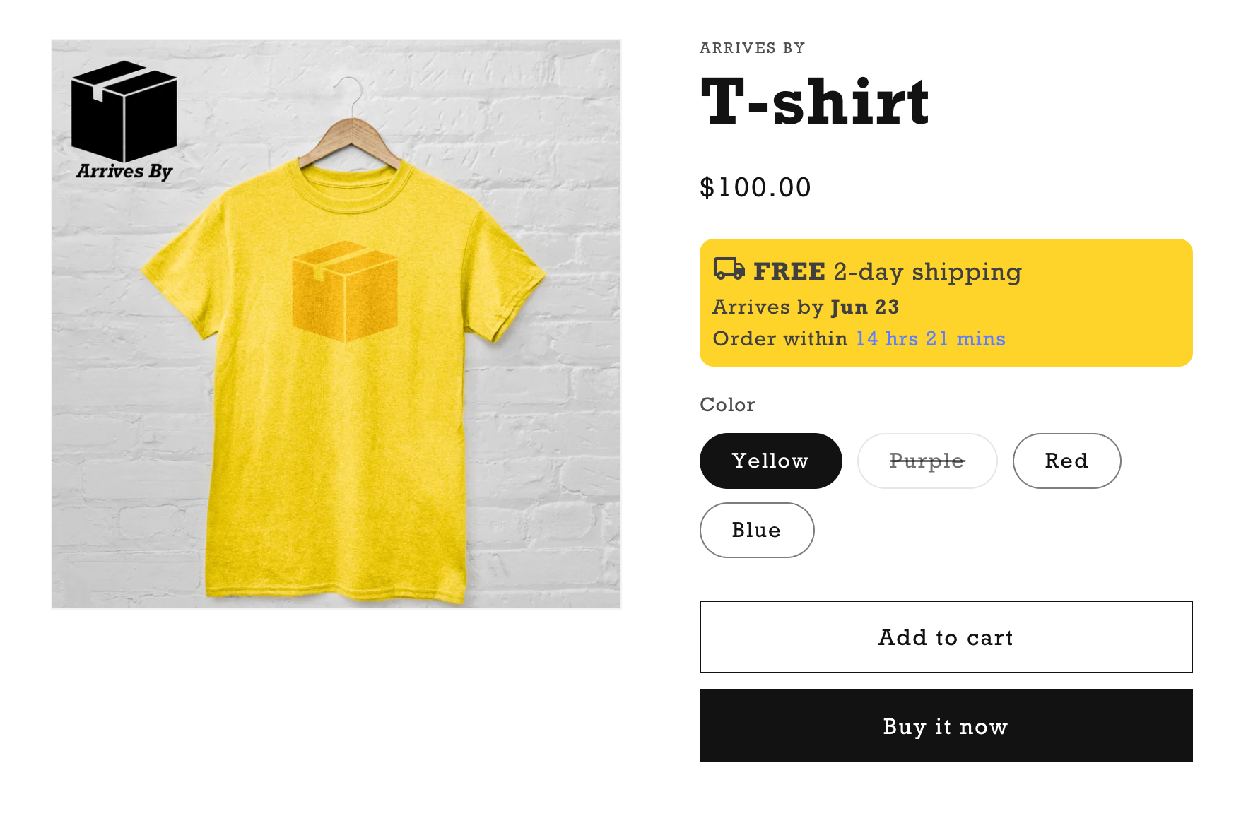 ArrivesBy delivery date preview on a Shopify product page