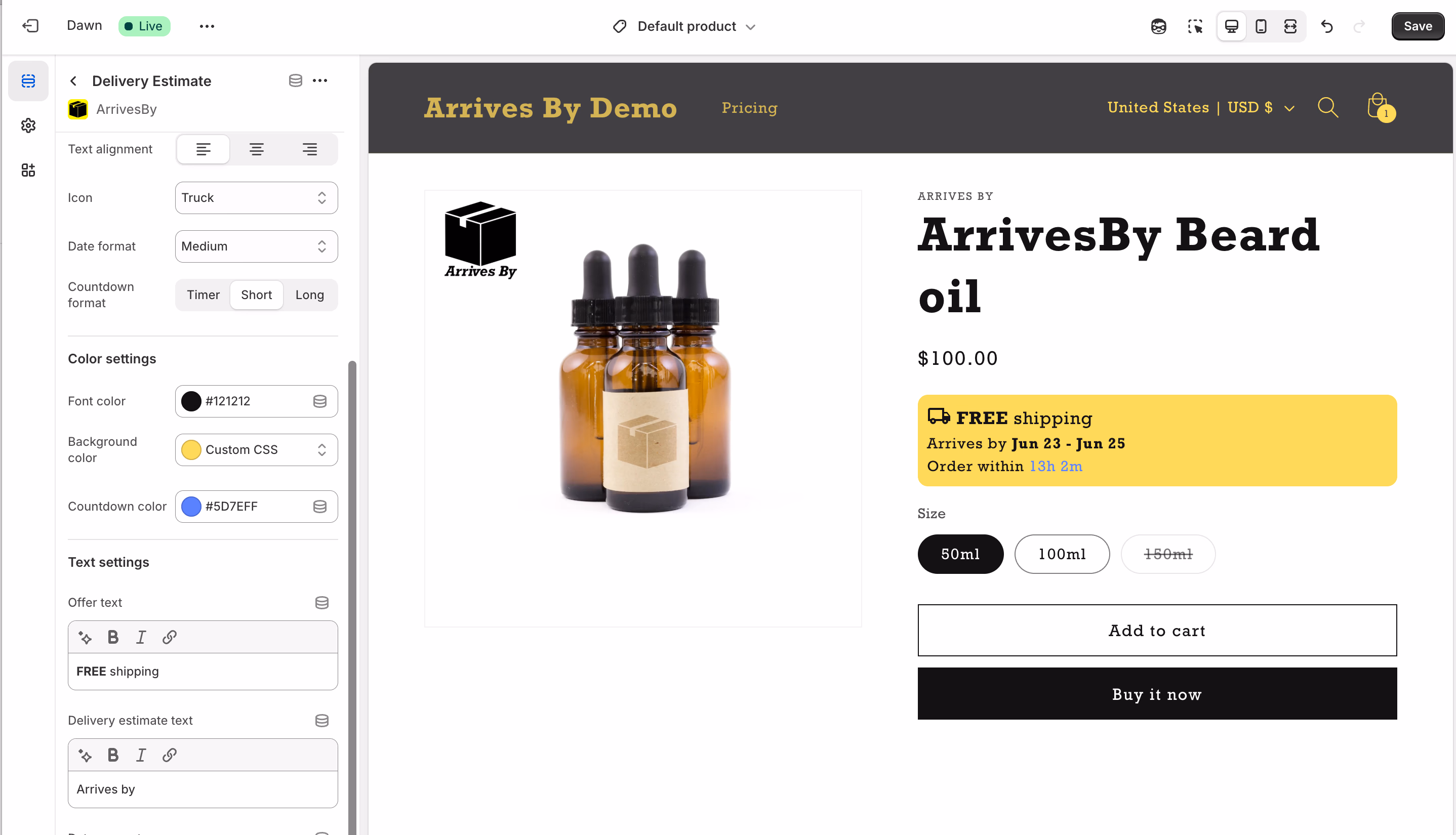 ArrivesBy embedded on a Shopify product page in theme editor